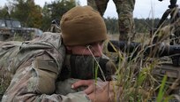Spc. Michael Koblitz of the 2nd Battalion, 69th Armor Regiment (Headquarters and Headquarters Company), 2nd Armored Brigade Combat Team, 3rd Infantry Division, prepares to fire his sniper rifle during Jäger Shot competition at Grafenwoehr Training Area, Germany, Oct. 19-23, 2020. Koblitz emphasized that he operates as a part of a two man team in order to not only compete in the competition, but also be proficient in his craft. (U.S. Army photo by Sgt. John W. Todd)