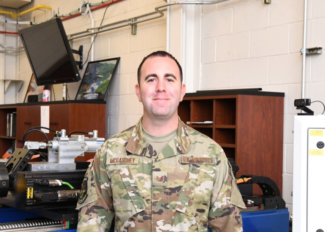 Tech. Sgt. Edward McGaughey, 104th Maintenance Squadron hydraulic systems supervisor, helps to maintain the hydraulic systems on the 21 F-15Cs at Barnes Air National Guard Base, Massachusetts.