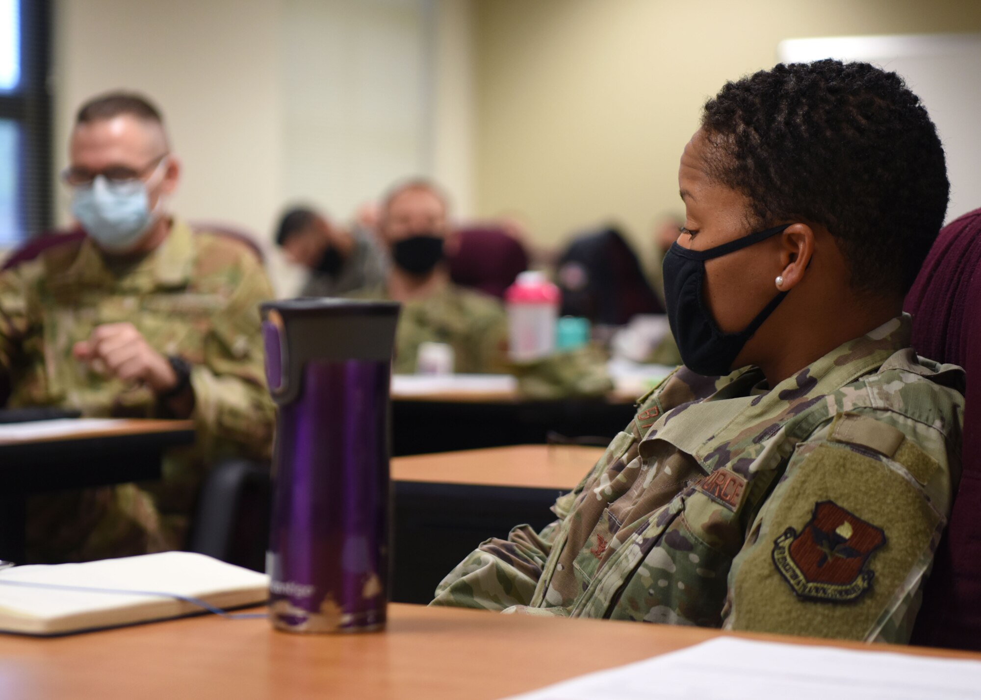 U.S. Air Force Col. Lauren Byrd, 17th Medical Group commander, discusses how the 17th MDG would react to an emergency during the Ready Eagle exercise on Goodfellow Air Force Base, Texas, Oct. 21, 2020. Ready Eagle proposed scenarios to the MDG and had the team work together to respond to them. (U.S. Air Force photo by Airman 1st Class Ethan Sherwood)