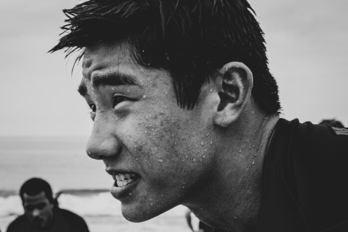 Future Marine Tommy Lam catches his breath during physical training at Laguna Beach in Orange County, Calif, Oct. 10.