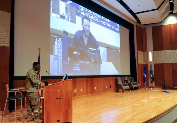 Members from the National Air and Space Intelligence Center watch author and motivational speaker Simon Sinek to speak over a live video teleconference (VTC) session during the Center’s annual Air Threat Week, Oct. 14, 2020.  
NASIC hosted Sinek to participate as a keynote speaker during ATW. Conference attendees from across the Department of Defense were able to watch and participate from their bases.