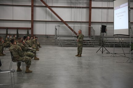 Indiana National Guard Brig. Gen. Dale Lyles, the adjutant general, speaks to Citizen-Soldiers Oct. 30, 2020, on the importance of their mission supporting long-term care facilities throughout the state for the rest of the year. More than 1,300 members of the Guard will assist with COVID-19 testing and other measures at the facilities.