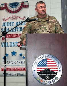 Col. Steven J. Adams, Chief of Staff, US Army North, provides opening remarks at the Joint Base San Antonio Volunteer of the Year Awards ceremony at the JBSA-Fort Sam Houston Military &Family Readiness Center Oct. 28.