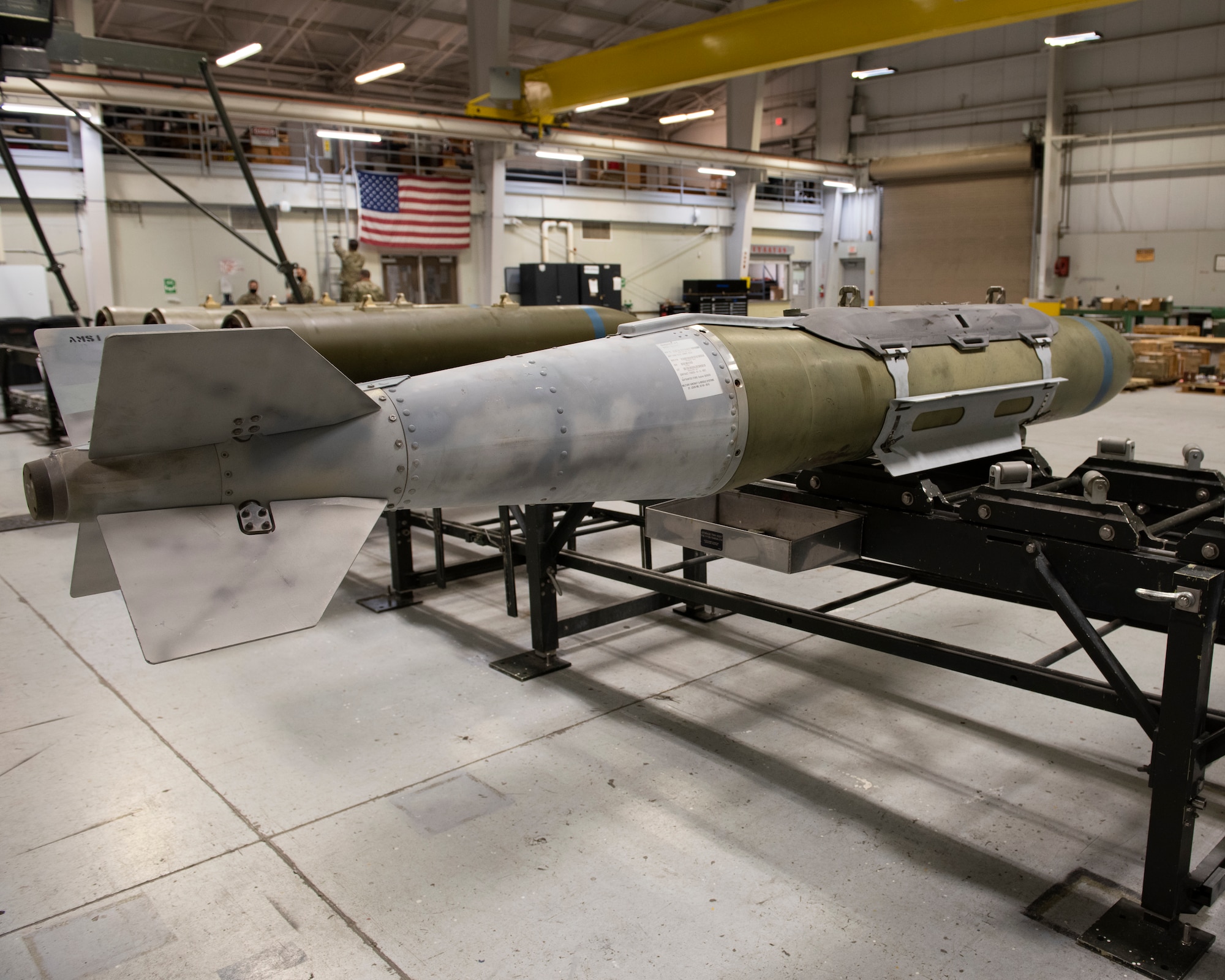 A GBU sits on munition assembly conveyor