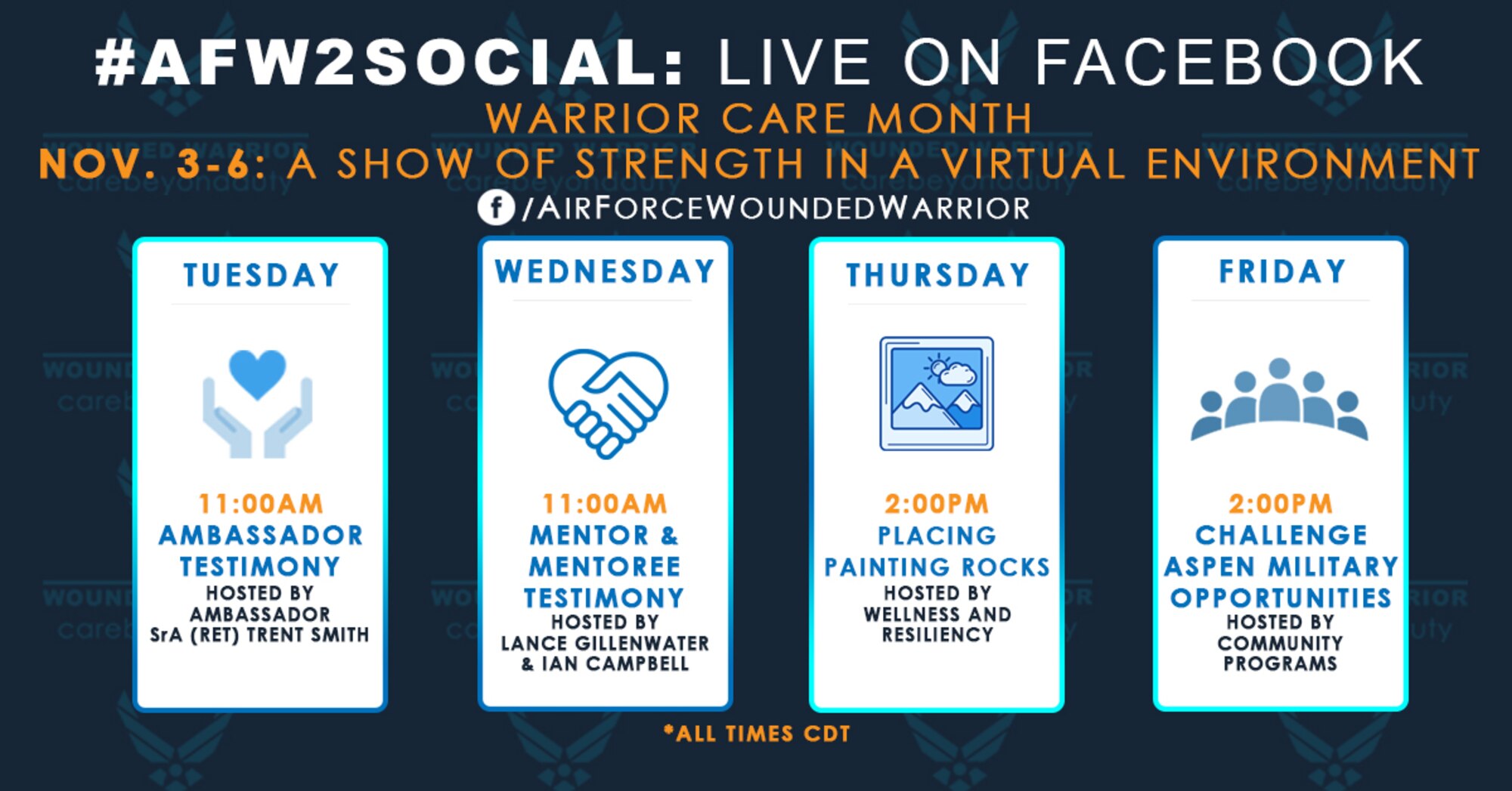 Calendar for live FB events 3-6 November. (U.S. Air Force Graphic by Melissa Espinales)