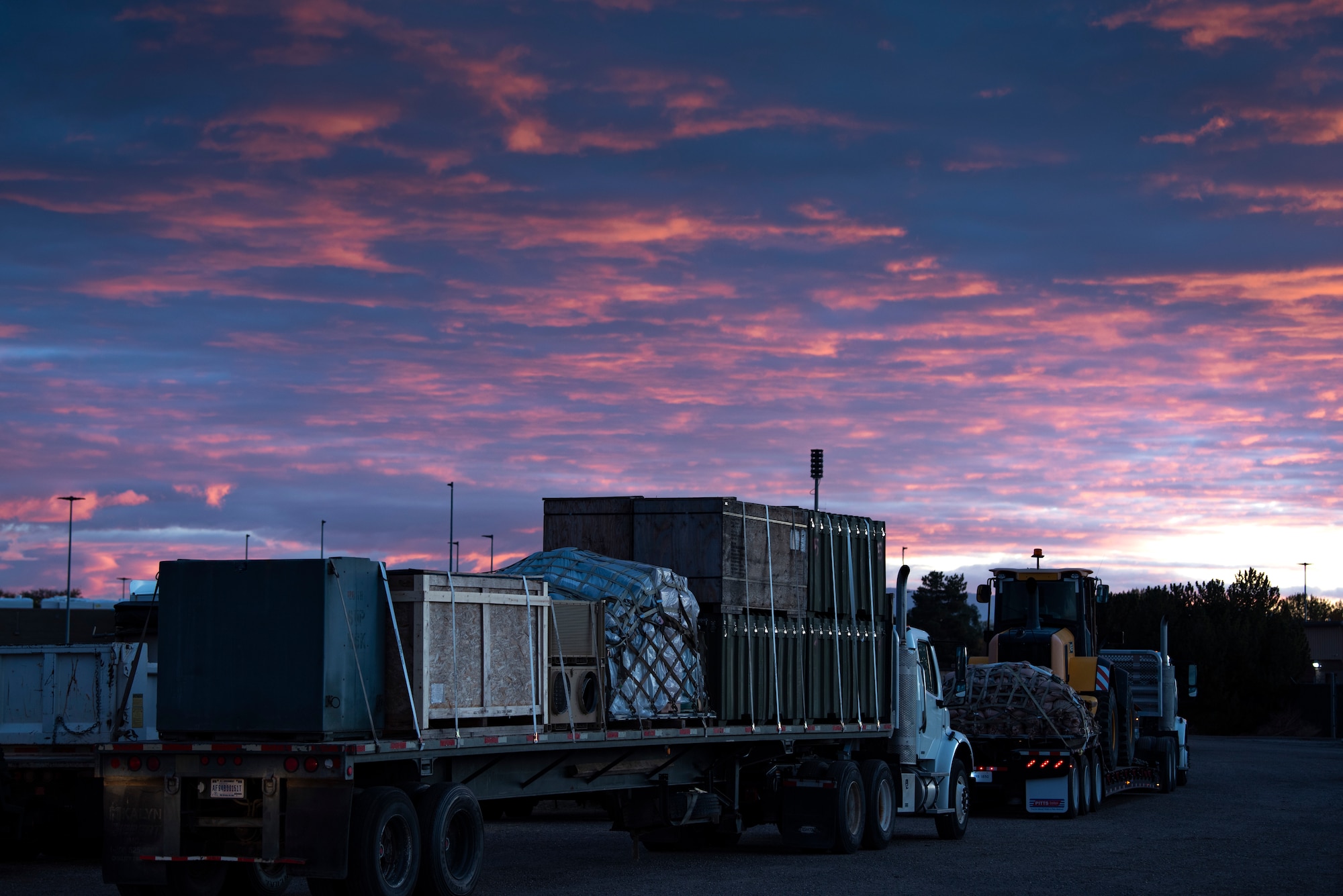 A military convoy prepares to leave for a three day training exercise at Mountain Home Air Force Base, Idaho, Oct. 21, 2020. The 366th Civil Engineer Squadron held exercise Raging TORO to showcase their ability to deploy at a moment’s notice. (U.S. Air Force photo by Airman 1st Class Natalie Rubenak)