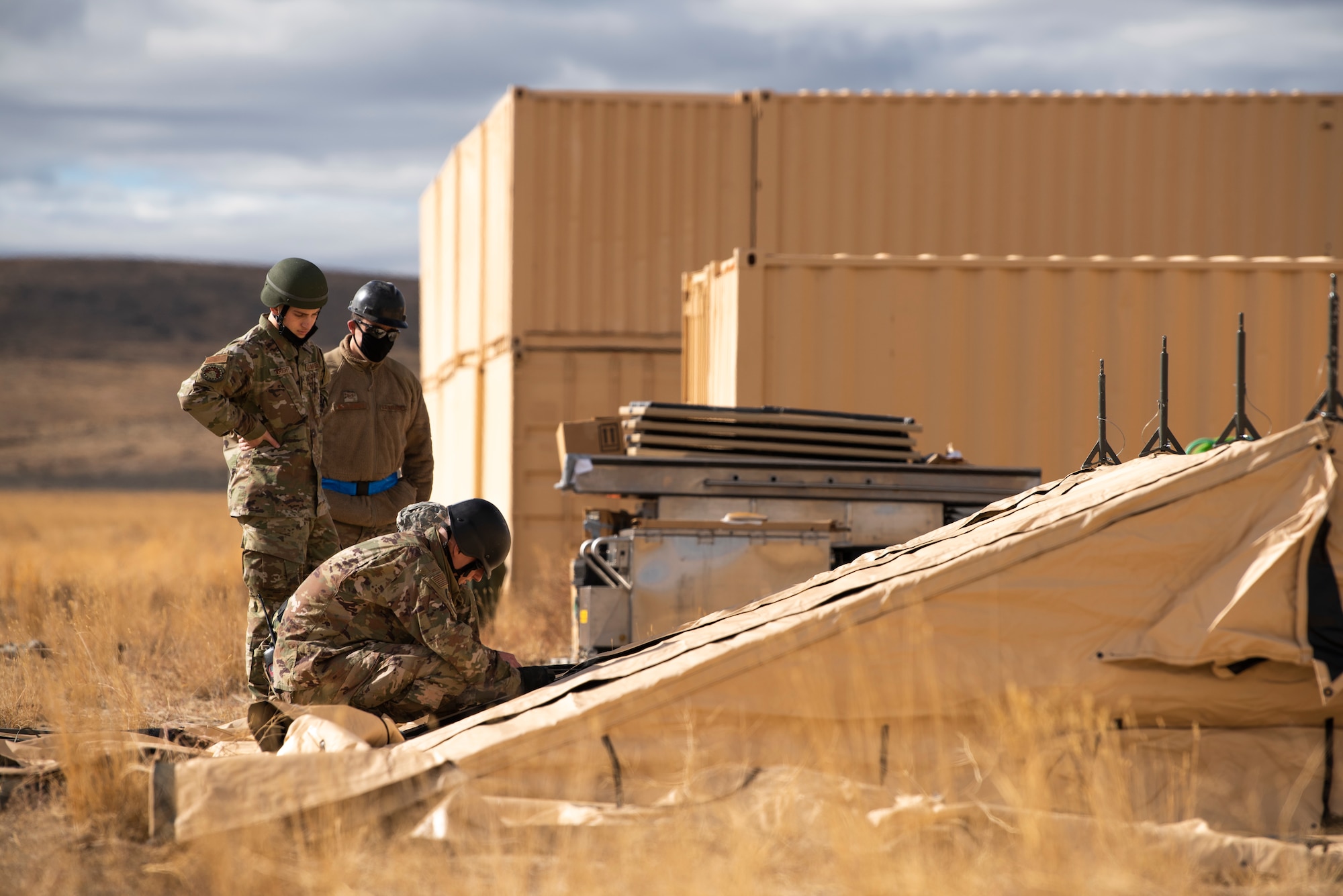 Airmen set up a contingency kitchen at the Mountain Home Range Complex, Idaho, Oct. 21, 2020. The 366th Civil Engineer Squadron held exercise Raging TORO to showcase their ability to deploy at a moment’s notice. (U.S. Air Force photo by Airman 1st Class Natalie Rubenak)