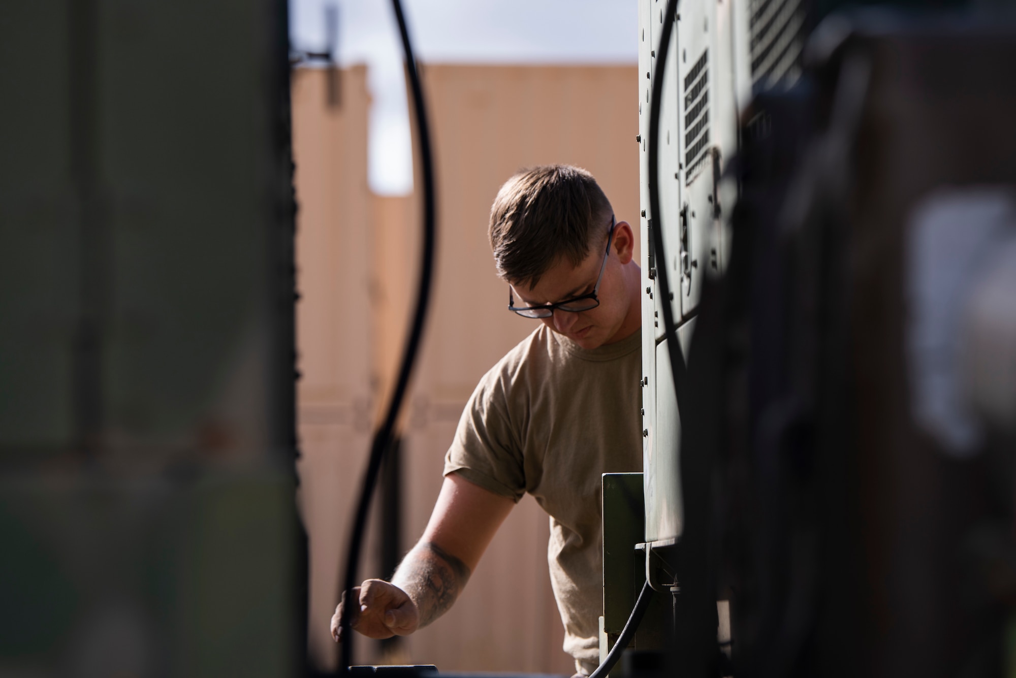 An Airman sets up a generator at the Mountain Home Range Complex, Idaho, Oct. 21, 2020. The 366th Civil Engineer Squadron held exercise Raging TORO to showcase their ability to deploy at a moment’s notice. (U.S. Air Force photo by Airman 1st Class Natalie Rubenak)