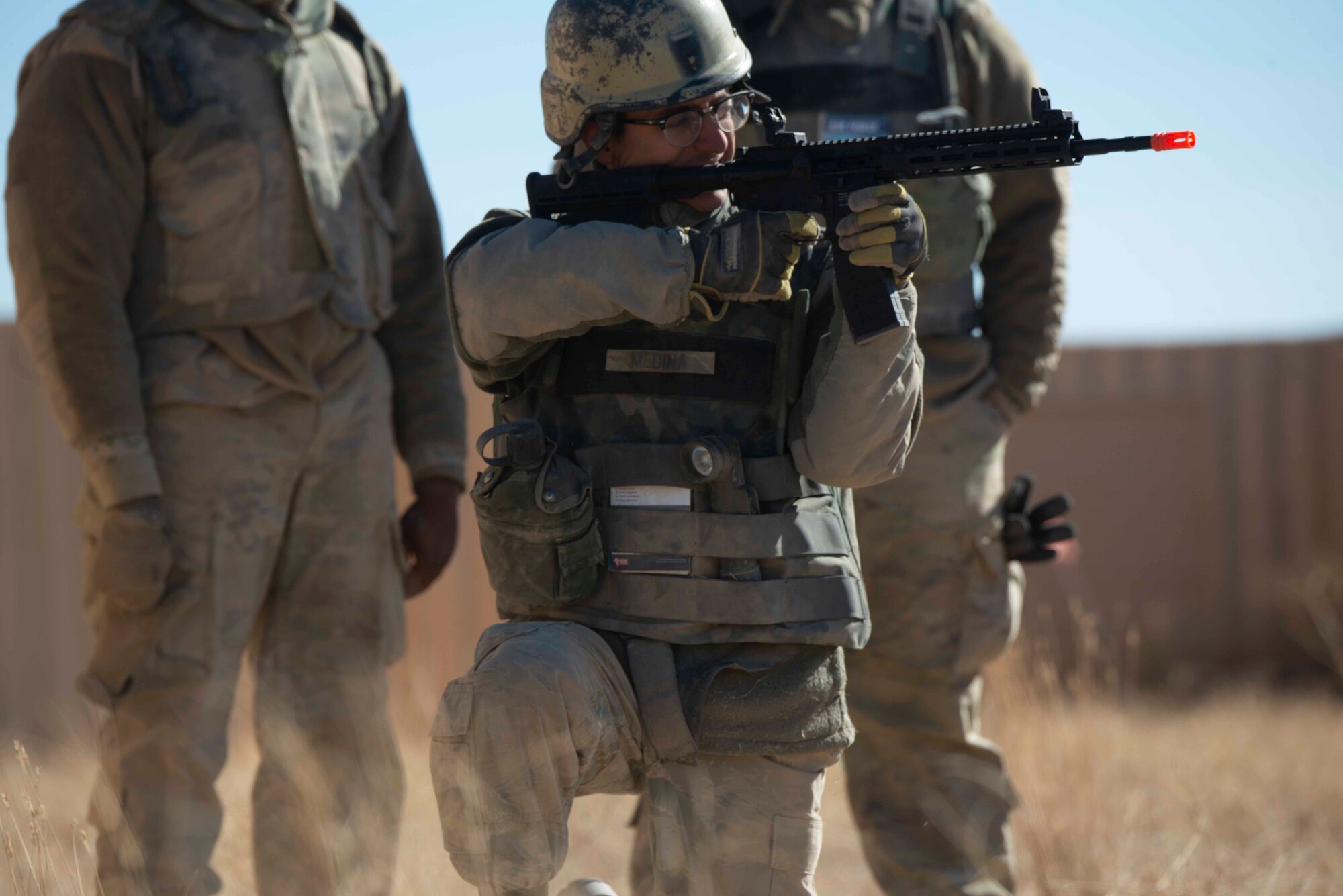 Airmen pratice airsoft M4 familiarization at the Mountain Home Range Complex, Idaho, Oct. 22, 2020. The 366th Civil Engineer Squadron held exercise Raging TORO to showcase their ability to deploy at a moment’s notice. (U.S. Air Force photo by Airman 1st Class Antwain Hanks)