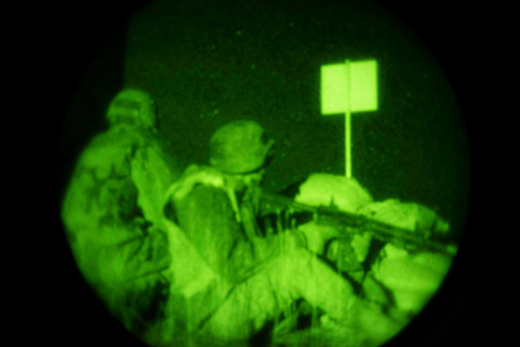 Armen sit post at their defensive fighting positions at the Mountain Home Range Complex, Idaho, Oct. 22, 2020. The 366th Civil Engineer Squadron held exercise Raging TORO to showcase their ability to deploy at a moment’s notice. (U.S. Air Force photo by Airman Andrea Rozoto)