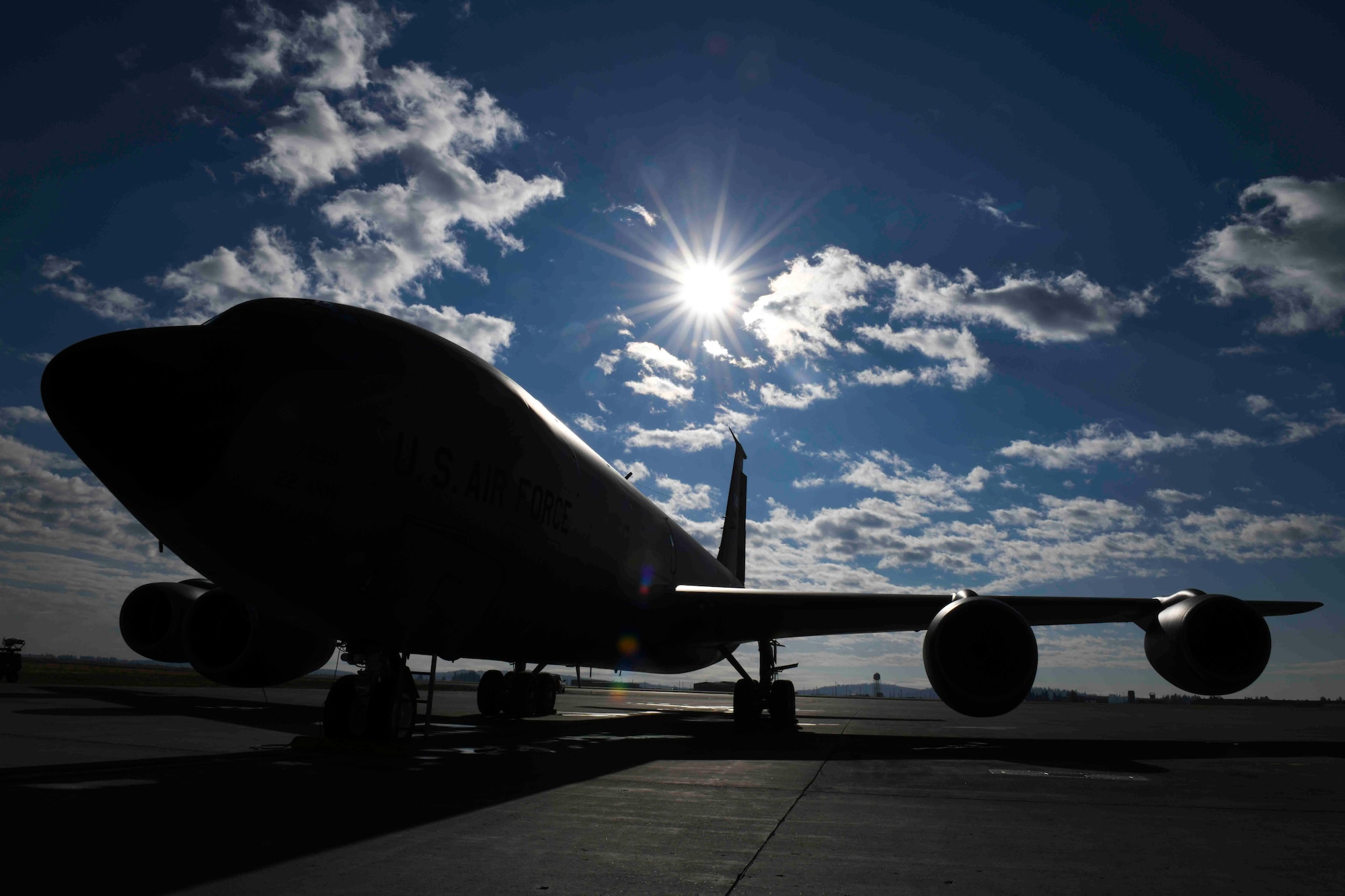 A U.S. Air Force KC-135 Stratotanker from the 92nd Air Refueling Wing sits on the flightline during exercise Global Thunder 21 at Fairchild Air Force Base, Washington, Oct. 22, 2020. This exercise employs global operations in coordination with other combatant commands, services, appropriate U.S. government agencies, and allies to deter, detect and, if necessary, defeat strategic attacks against the United States and its allies. (U.S. Air Force photo by Airman 1st Class Kiaundra Miller)