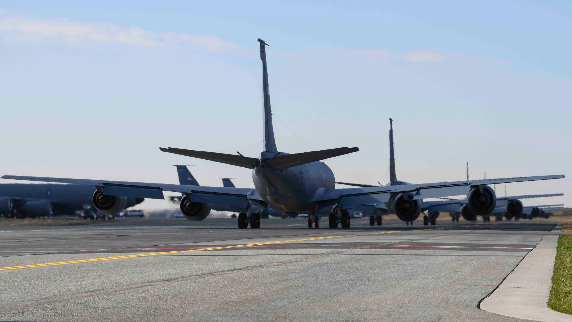 Multiple KC-135 Stratotankers from the 92nd Air Refueling Wing, line-up on the flightline during exercise Global Thunder 21 at Fairchild Air Force Base, Washington, Oct. 22, 2020. GT21 is a U.S. Strategic Command exercise focused on realistic training activities to ensure strategic deterrent capabilities. (U.S. Air Force photo by Airman 1st Class Kiaundra Miller)