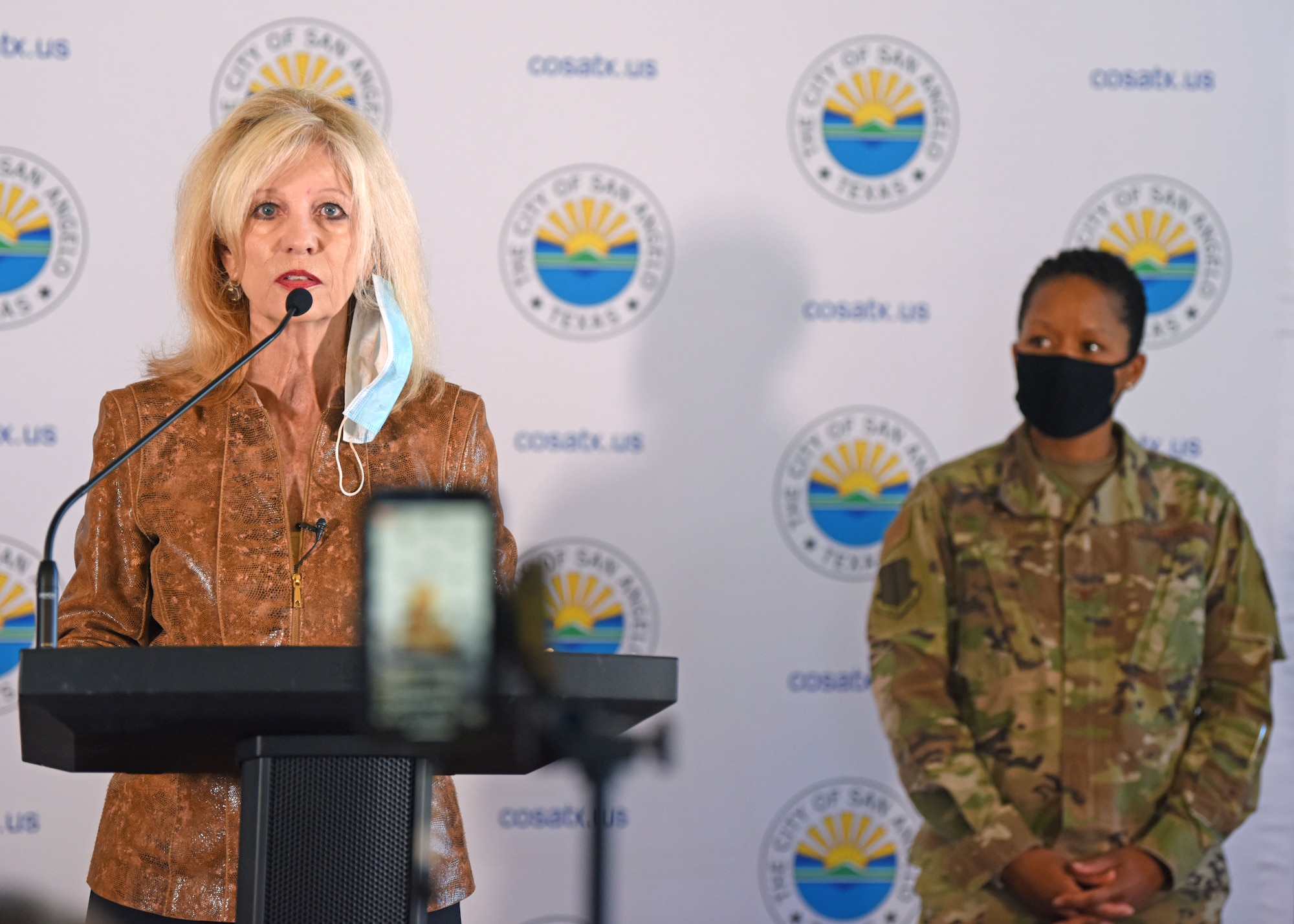 San Angelo Mayor, Brenda Gunter, gave a COVID-19 status update during a press conference at City Hall in San Angelo, Texas, Oct. 30, 2020. Goodfellow Air Force Base and other local leaders showed support and unity of effort as the mayor reminded the community to remain vigilant, practice social distancing, wear face masks and to follow Centers for Disease Control and Prevention guidance. (U.S. Air Force photo by Airman 1st Class Ethan Sherwood)