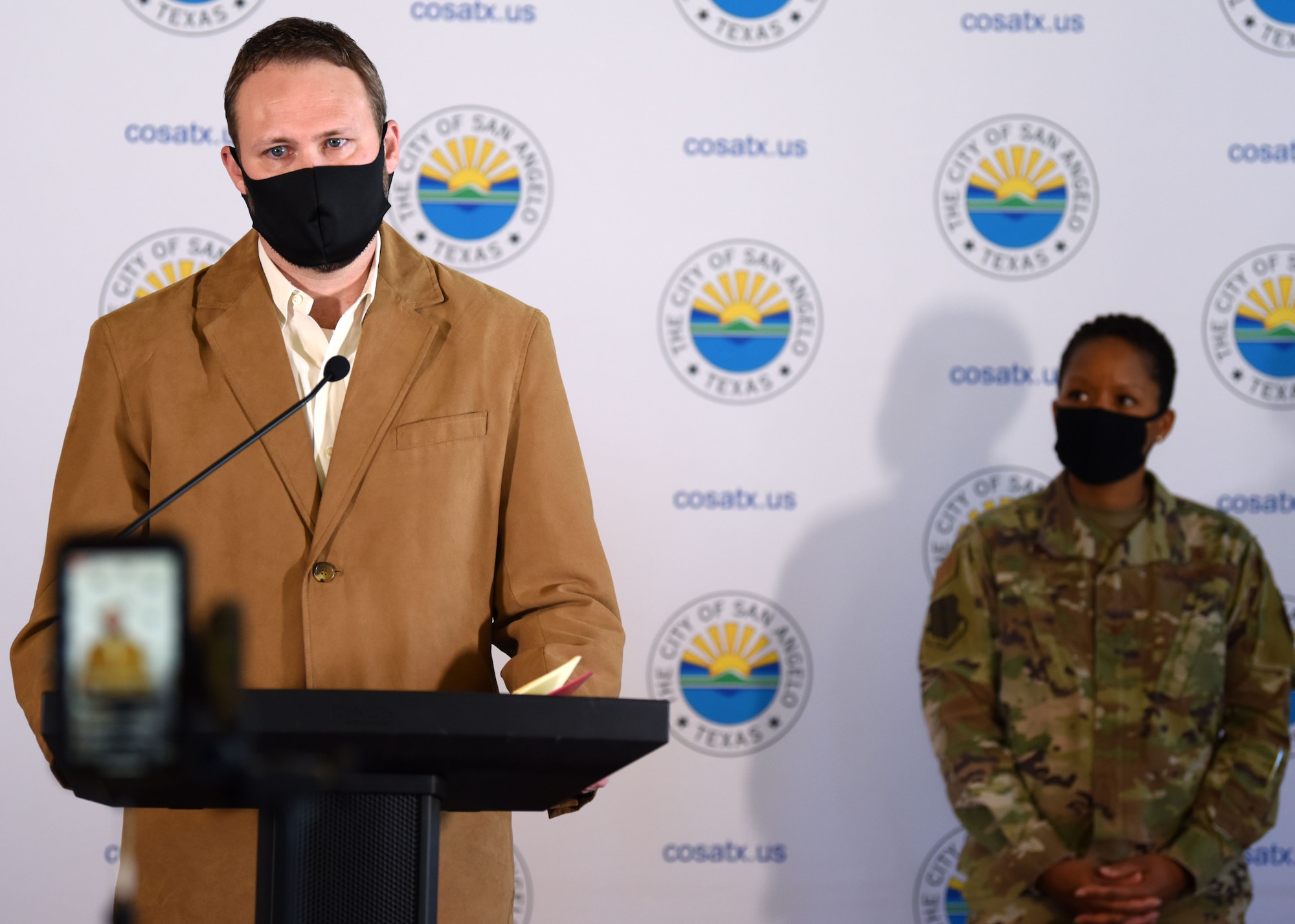 Tom Green County Director of Operations, Nate Southard, answers a question during a COVID-19 status update press conference at City Hall in San Angelo, Texas, Oct. 30, 2020. Southard and other civic leaders took a united front against the spread of COVID. (U.S. Air Force photo by Airman 1st Class Ethan Sherwood)