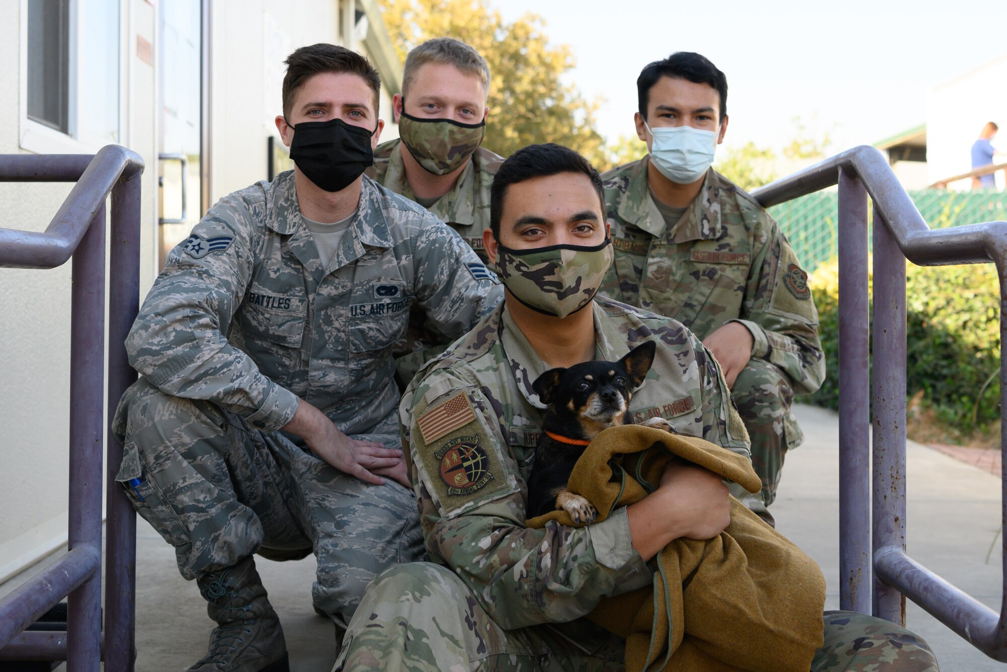 Airmen petting dog