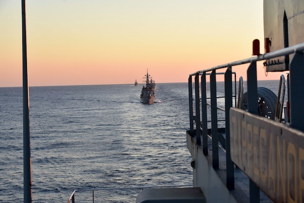 PHILIPPINE SEA (Oct. 25, 2020) – The Royal Canadian Navy Halifax-class frigate HMCS Winnipeg (FFH 338) approaches the U.S. Navy Military Sealift Command Henry J. Kaiser-class fleet replenishment oiler USNS Tippecanoe (T-AO 199) in preparation for an underway replenishment prior to participating in Keen Sword. Keen Sword is a joint, bilateral, biennial field-training exercise involving U.S. military and Japan Self-Defense Force personnel, designed to increase combat readiness and interoperability of the Japan-U.S. alliance. (US. Navy photo by Christopher Bosch)