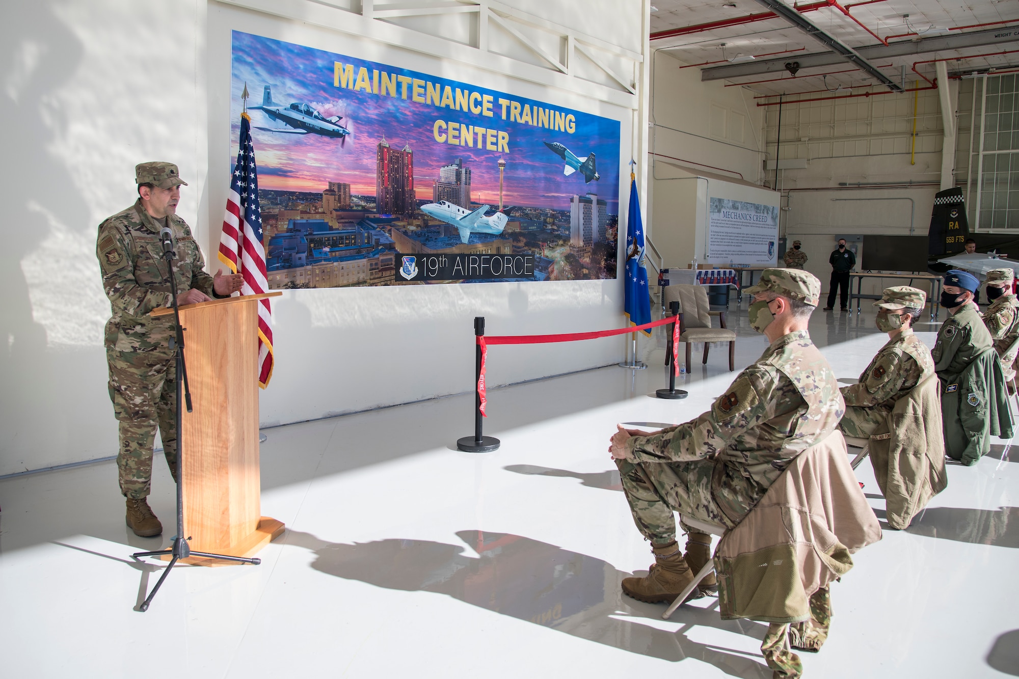 Lt. Col. Lance Myerson, Nineteenth Air Force director of logistics, speaks during the Nineteenth Air Force Maintenance Training Center activation ceremony Oct. 29, 2020, at Joint Base San Antonio-Randolph, Texas.