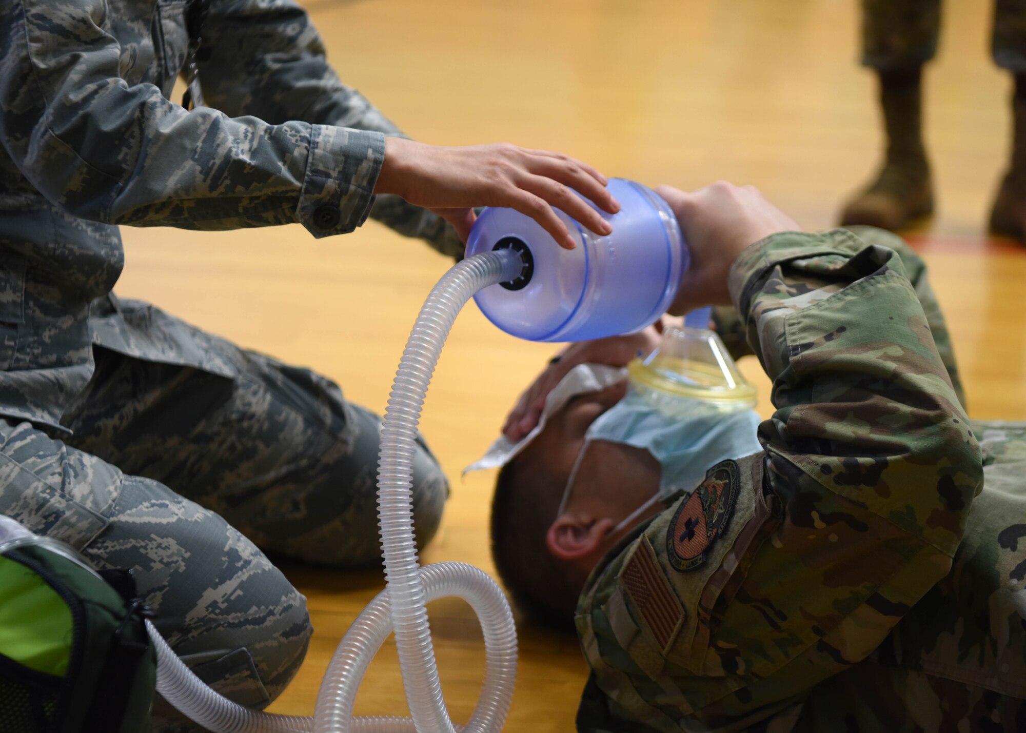 A patient is treated after coming into contact with anthrax during the Ready Eagle exercise on Goodfellow Air Force Base, Texas, Oct. 22, 2020. The capstone of the exercise involved simulated chemical, biological, radiological, nuclear, explosive, and mass casualty events. (U.S. Air Force photo by Airman 1st Class Ethan Sherwood)