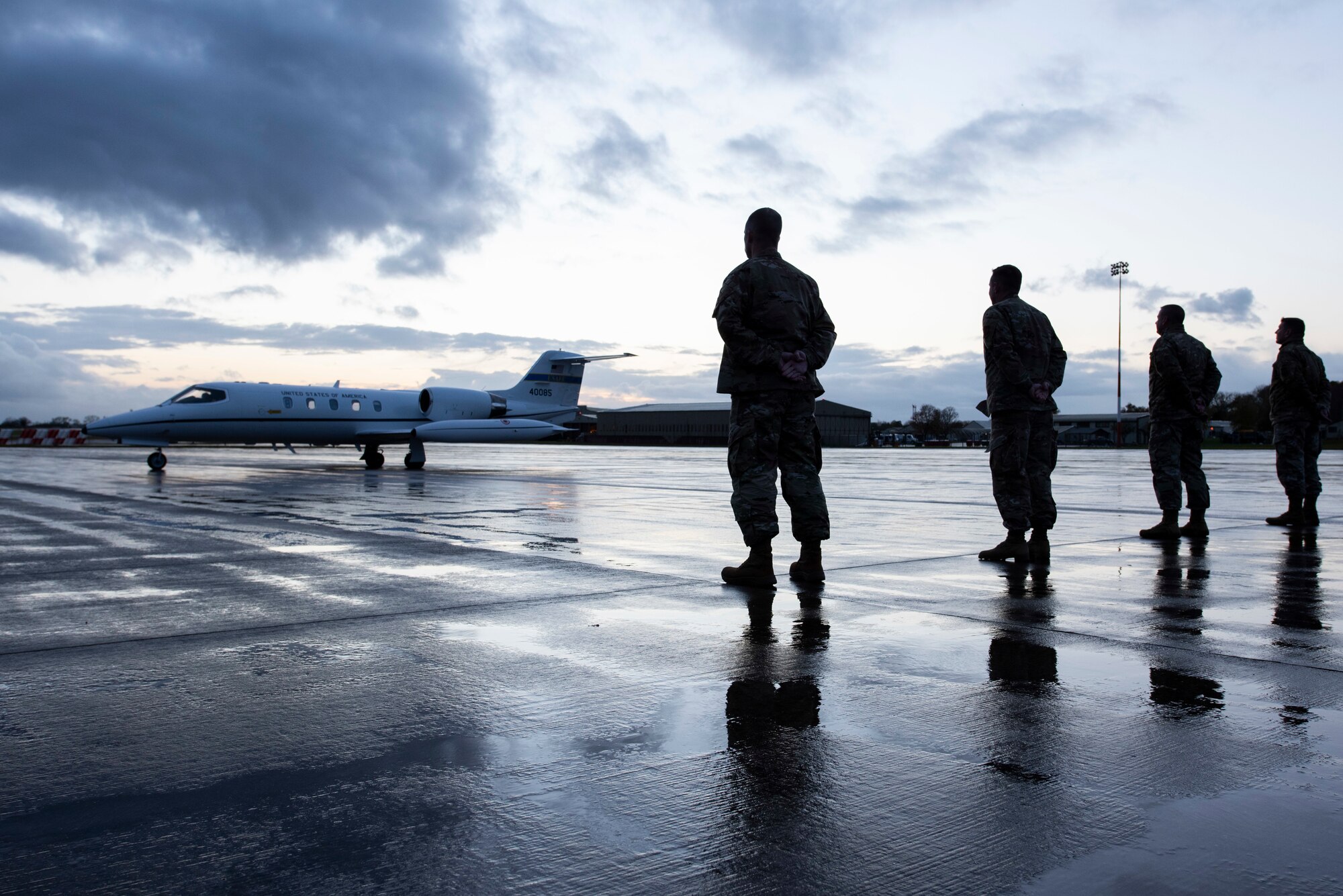 U.S. Air Force Maj. Gen. Randall Reed, Third Air Force commander, and Chief Master Sgt. Randy Kwiatkowski, Third Air Force command chief, prepares to depart Royal Air Force Fairford, England, Oct. 28, 2020. The Third Air Force command team toured six bases in the 501st Combat Support Wing as part of a new commander’s immersion tour. (U.S. Air Force photo by Senior Airman Jennifer Zima)