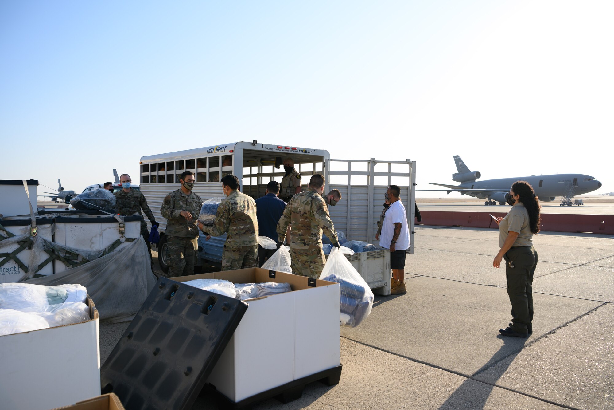 Airmen donating pillows and blankets.