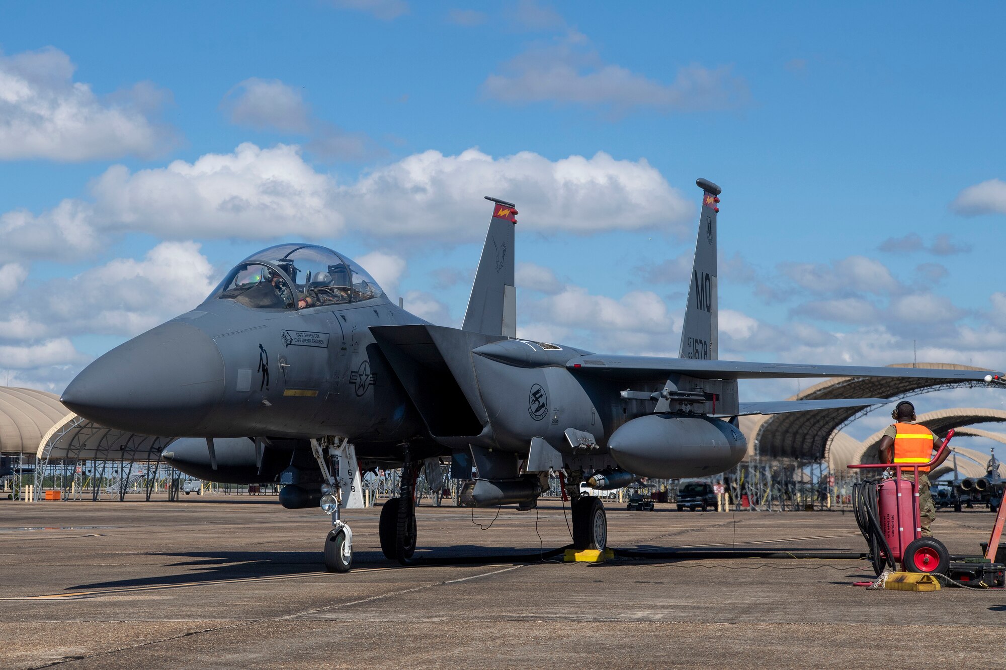 An F-15E Strike Eagle sits on a runway.
