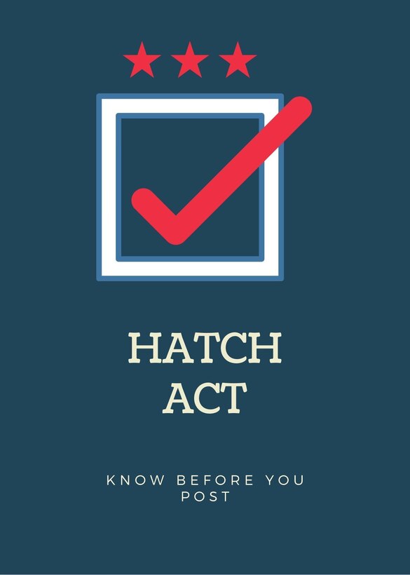 Check mark within a box to depict a "vote" with "Hatch Act: know before you post" in all caps underneath the box. Three stars reside at top of the image.