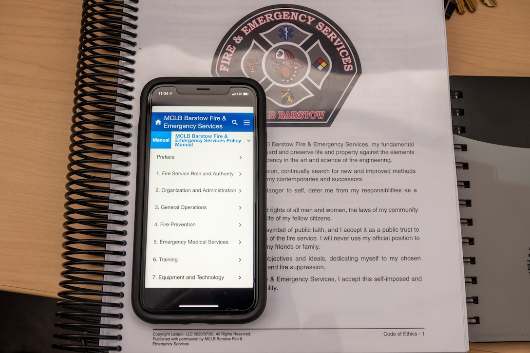 The 450 page manual covering policies, proceedures, and administrative governing the day to day operation of the Marine Corps Fire Department aboard Marine Corps Logistics Base Barstow, Calif., is now contained in the LexiPol applications on Deputy Chief Ryan Tworek's cell phone, August 25.