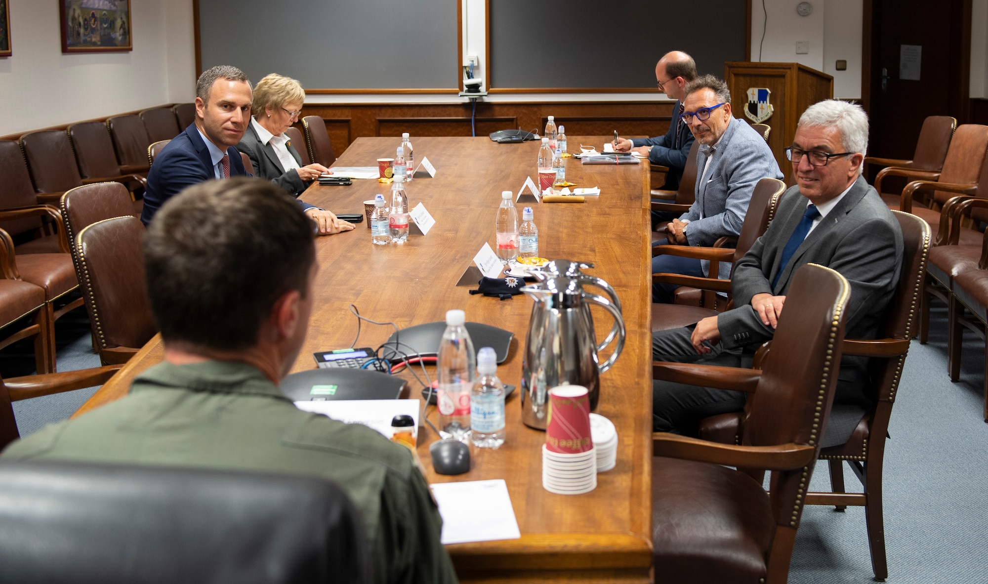 U.S. Air Force Col. David Epperson, 52nd Fighter Wing commander, meets with members of the German Parliament at Spangdahlem Air Base, Germany, Aug. 28, 2020. The Wing hosted Roger Lewentz, Minister of the Interior for the State of Rheinland-Pfalz, and presented a mission brief of Spangdahlem AB's goals and operations. (U.S. Air Force photo by Airman 1st Class Alison Stewart)