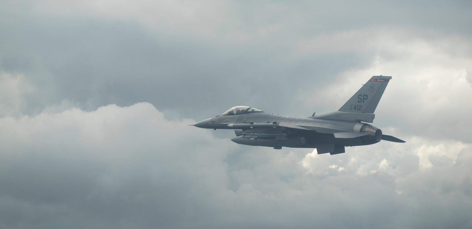 A U.S. F-16 Fighting Falcon assigned to the 480th Expeditionary Fighter Squadron flies over the D-37 Range in Nadarzyce, Poland, 24 August 2020. The U.S. and Polish partnership is critical in light of growing security challenges, and opportunities to fly and work together help to strengthen this relationship. (U.S. Air Force photo by Senior Airman Chanceler Nardone)