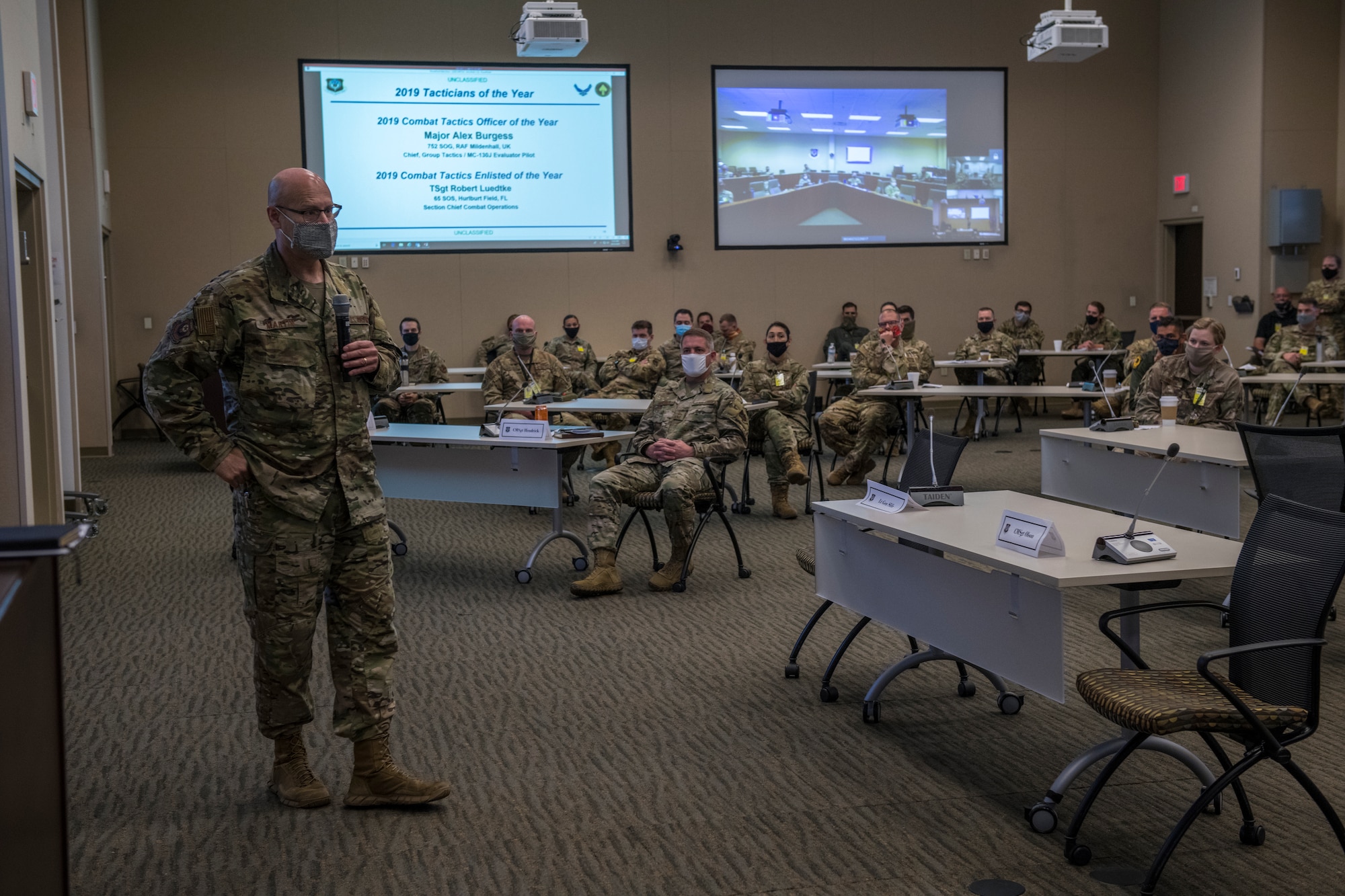 Brig. Gen. Michael Martin, Air Force Special Operations Command Director of Operations, addresses the AFSOC 2020 Weapons and Tactics Conference attendees.