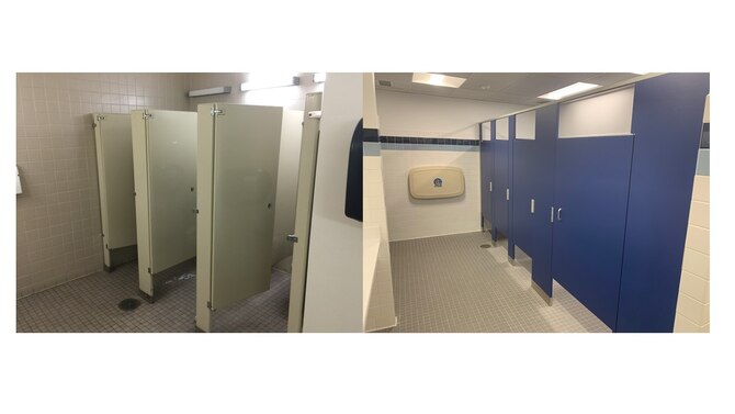 Updated restroom facilities in Building 1612 were completed as part of the 66th Civil Engineer Division Workplace Improvement Program at Hanscom Air Force Base, Mass., earlier this year. The initiative promotes updates and restorations to the installation to improve quality of life of the Hanscom community. (Courtesy Photo)