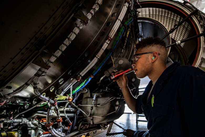 Staff Sgt. Wilfredo Vargas, 911th Maintenance Squadron aerospace propulsion technician, inspects a C-17 Globemaster III engine during a home station check at the Pittsburgh International Airport Air Reserve Station, Pennsylvania, July 20, 2020.