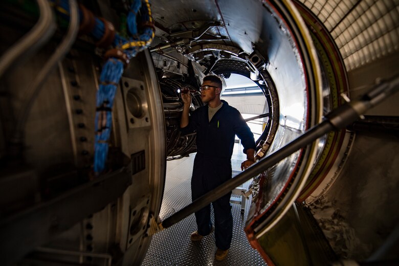 Staff Sgt. Wilfredo Vargas, 911th Maintenance Squadron aerospace propulsion technician, inspects a C-17 Globemaster III engine during a home station check at the Pittsburgh International Airport Air Reserve Station, Pennsylvania, July 20, 2020.