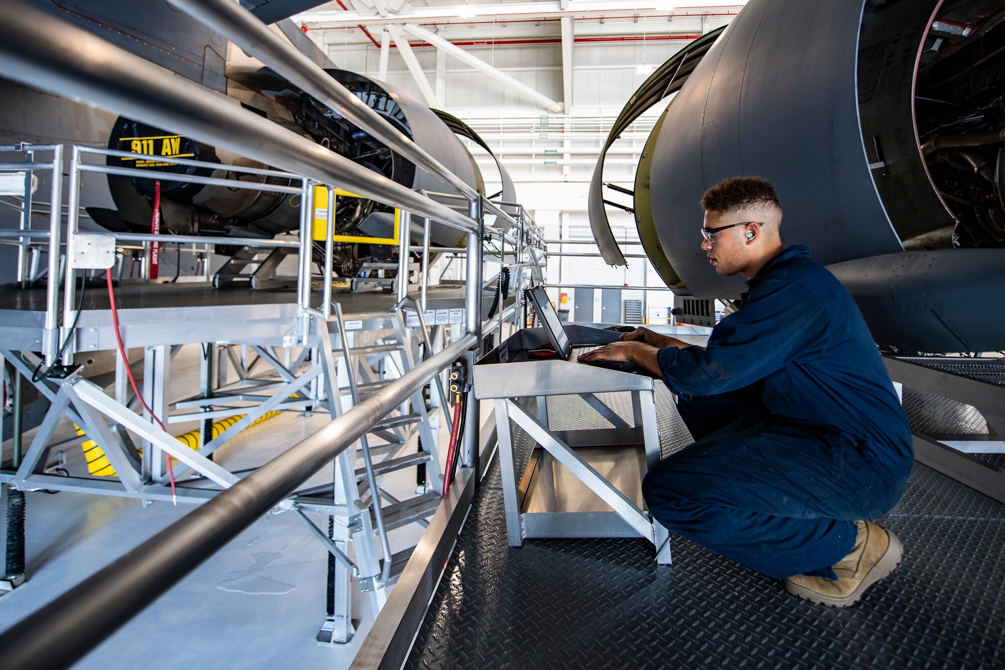 Staff Sgt. Wilfredo Vargas, 911th Maintenance Squadron aerospace propulsion technician, inspects a C-17 Globemaster III engine during a home station check at the Pittsburgh International Airport Air Reserve Station, Pennsylvania, July 20, 2020.