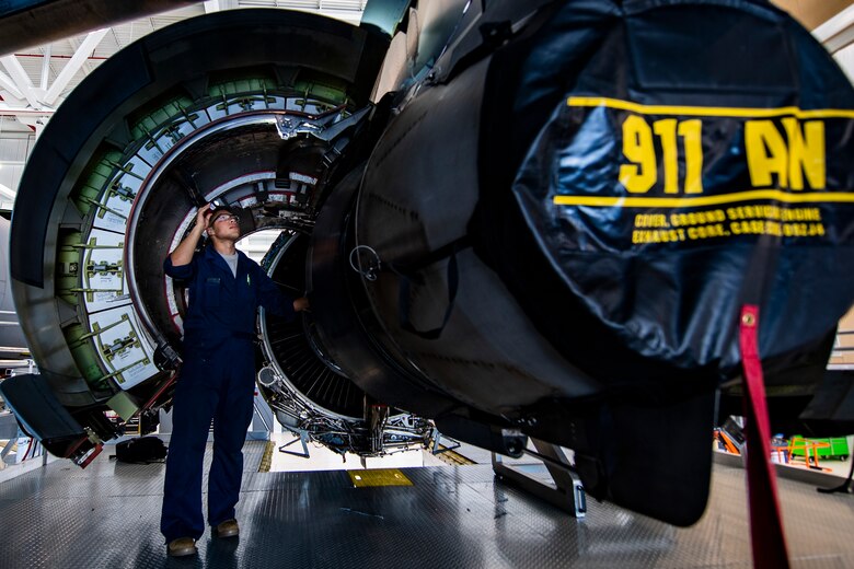 Staff Sgt. Wilfredo Vargas, 911th Maintenance Squadron aerospace propulsion technician, inspects a C-17 Globemaster III engine during a home station check at the Pittsburgh International Airport Air Reserve Station, Pennsylvania, July 20, 2020.