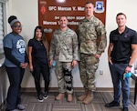 Maj. (Dr.) Steven Schauer (center), U.S. Army Institute of Surgical Research physician-scientist, and Maj. (Dr.) Ian Hudson (center right), USAISR Tactical Combat Casualty Care emergency physician, conducted studies on devices used for tactical combat casualty care with combat medics at Hunter Army Airfield in Georgia July 8-9.