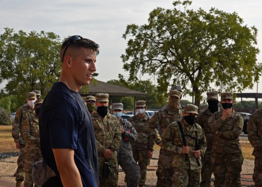 U.S. Air Force 1st Lt. Christian Bills, 315th Training Squadron student, catches his breath after completing the 2020 Air Force Marathon, virtually hosted outside of the 315th TRS schoolhouse, on Goodfellow Air Force Base, Texas, Sept. 1, 2020. Of the 11,600 virtually registered participants, Bills was the only Goodfellow member to race in the marathon but was supported with running buddies from his squadron throughout various segments of the race. (U.S. Air Force photo by Senior Airman Abbey Rieves)