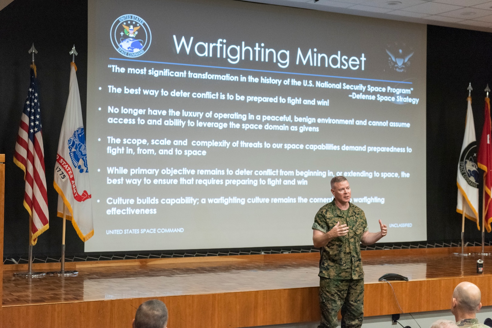 U.S. Army Gen. James Dickinson, U.S. Space Command commander, addresses the USSPACECOM staff on Aug. 31 for the first time since taking command Aug. 20 at Peterson Air Force Base.