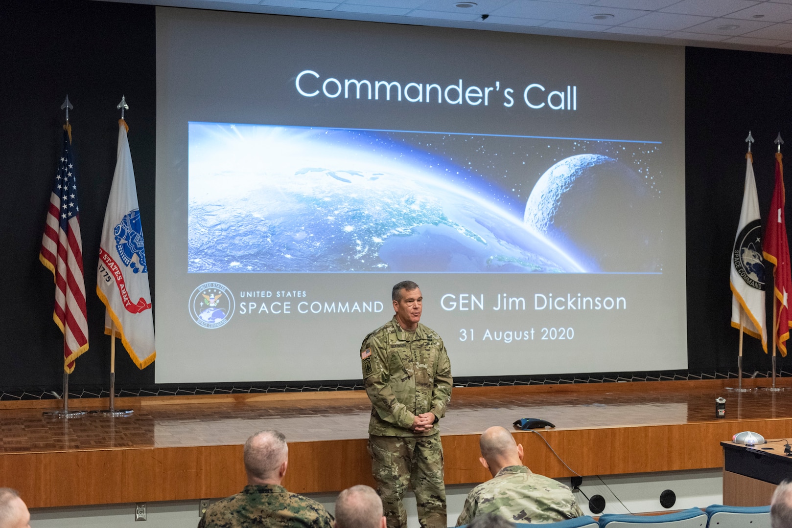 U.S. Army Gen. James Dickinson addresses the USSPACECOM on Aug. 31 for the first time since taking command Aug. 20 at Peterson Air Force Base.