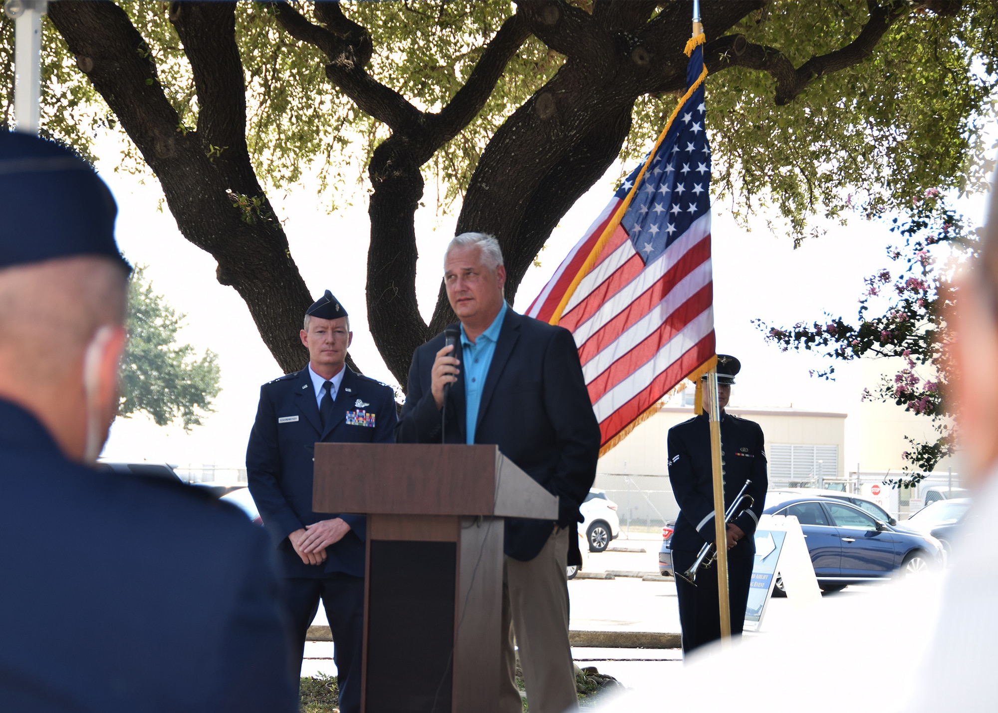 Retired Col. Jimmie Brooks speaks at the BRAVO-12 remembrance and wreath laying ceremony Aug. 28, 2020 at Joint Base San Antonio-Lackland, Texas.