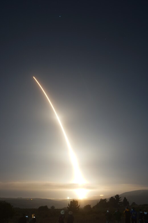 An Air Force Global Strike Command unarmed Minuteman III intercontinental ballistic missile launches during an operational test at 12:02 Pacific Daylight Time (Wednesday, September, 2020), at Vandenberg Air Force Base, California. ICBM test launches demonstrate the U.S. nuclear enterprise is safe, secure, effective and ready to defend the United States and its allies. ICBMs provide the U.S. and its allies the necessary deterrent capability to maintain freedom to operate and navigate globally in accordance with international laws and norms. (Courtesy photo by Connor Riley)