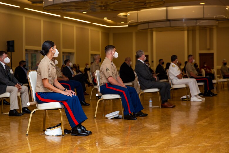 U.S. service members and civilians attend the 10th annual Wounded Warrior Leadership Awards ceremony hosted by the Marine Corps Association and Foundation (MCA&F), at the Marston Pavilion on Marine Corps Base Camp Lejeune, North Carolina, Aug. 20, 2020. Six Marines and civilians with the Wounded Warrior Regiment were recognized by MCA&F for their professionalism, exceptional leadership and achievements. (U.S. Marine Corps photo by Lance Cpl. Christian Ayers)