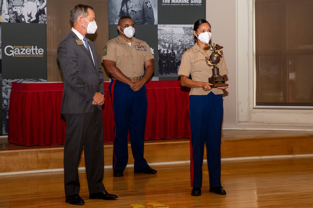 U.S. Marine Corps 1stLt. Karen Martin, executive officer of Alpha Company, Wounded Warrior Battalion-East, receives the Officer Leader of the Year award during the 10th annual Wounded Warrior Leadership Awards ceremony hosted by the Marine Corps Association and Foundation (MCA&F), at the Marston Pavilion on Marine Corps Base Camp Lejeune, North Carolina, Aug. 20, 2020. Six Marines and civilians with the Wounded Warrior Regiment were recognized by MCA&F for their professionalism, exceptional leadership and achievements. (U.S. Marine Corps photo by Lance Cpl. Christian Ayers)