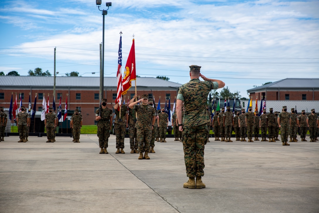 U.S. Marine Corps Capt. Nathaniel Simms, the company commander of Fox Company, 4th Tank Battalion, 4th Marine Division, salutes during the company’s deactivation ceremony on Marine Corps Base Camp Lejeune at Stone Bay, North Carolina, Aug. 25, 2020. Gen. David H. Berger, the commandant of the Marine Corps, released Marine Corps Force Design 2030 in March 2020, which designates tanks as a large area of divestment. (U.S. Marine Corps photo by Lance Cpl. Christian Ayers)