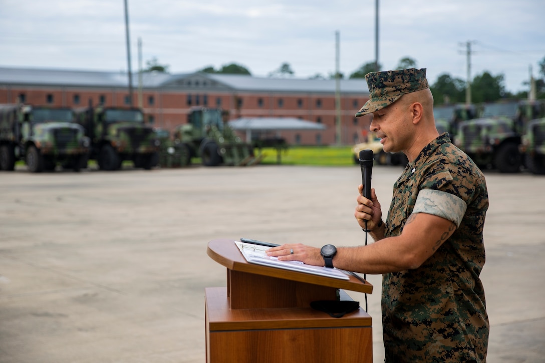 U.S. Marine Corps Lt. Col. Michael D. O’Quin, the commanding officer of 4th Tank Battalion, 4th Marine Division, gives a speech during the company’s deactivation ceremony on Marine Corps Base Camp Lejeune at Stone Bay, North Carolina, Aug. 25, 2020. Gen. David H. Berger, the commandant of the Marine Corps, released Marine Corps Force Design 2030 in March 2020, which designates tanks as a large area of divestment. (U.S. Marine Corps photo by Lance Cpl. Christian Ayers)