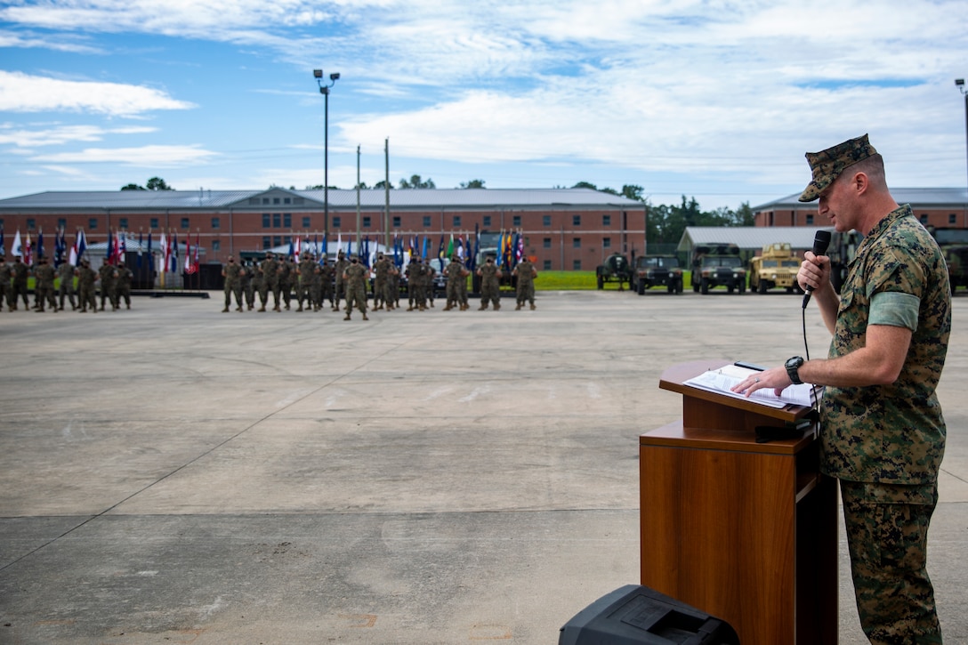 U.S. Marine Corps Capt. Nathaniel Simms, the company commander of Fox Company, 4th Tank Battalion, 4th Marine Division, gives a speech during the company’s deactivation ceremony on Marine Corps Base Camp Lejeune at Stone Bay, North Carolina, Aug. 25, 2020. Gen. David H. Berger, the commandant of the Marine Corps, released Marine Corps Force Design 2030 in March 2020, which designates tanks as a large area of divestment. (U.S. Marine Corps photo by Lance Cpl. Christian Ayers)