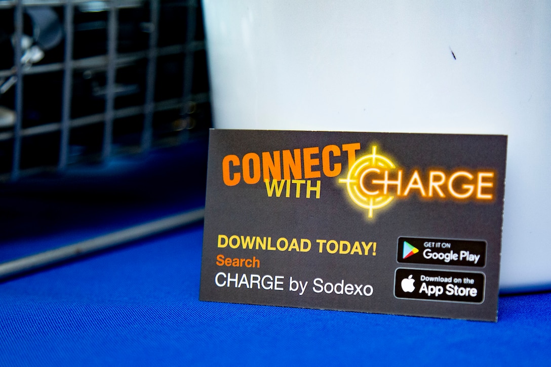 Sodexo hosts an event for the release of their new mobile app called Charge by Sodexo, at the French Creek 65 Mess Hall on Marine Corps Base Camp Lejeune, North Carolina, Aug. 24, 2020. Charge by Sodexo is a free mobile app available on the Google Play Store and Apple App Store and features mess hall searching capability through geo-location or installation name and mess hall number which allows users to view local menus for specialty bars, caloric intake information, nutrition facts and feedback. (U.S. Marine Corps photo by Lance Cpl. Ginnie Lee)