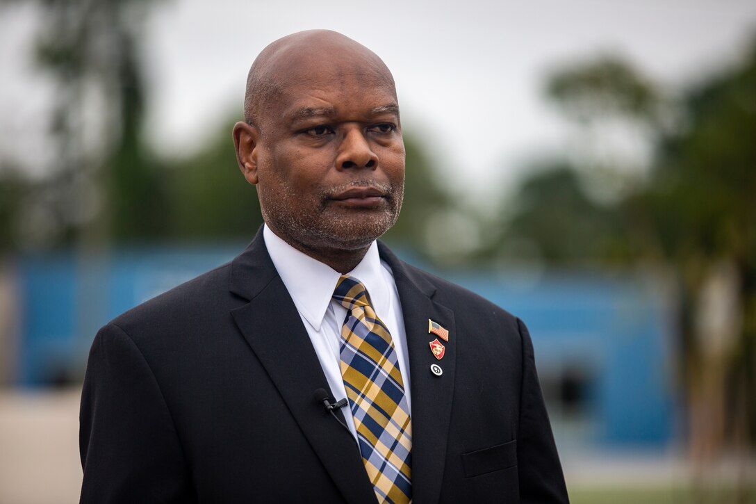 Retired U.S. Marine Corps Col. Grover Lewis III, commanding officer of Camp Johnson from 2005 to 2007, speaks about the Marines of Montford Point at the Montford Point Marines Memorial in Jacksonville, North Carolina, Aug 17, 2020. This year marks the 78th anniversary of when the first African-American recruits arrived on Montford Point in 1942 for Marine Corps recruit training and paving the way for approximately 20,000 African-Americans over the next 7 years to earn the title of Marine. (U.S. Marine Corps photo by Lance Cpl. Isaiah Gomez)