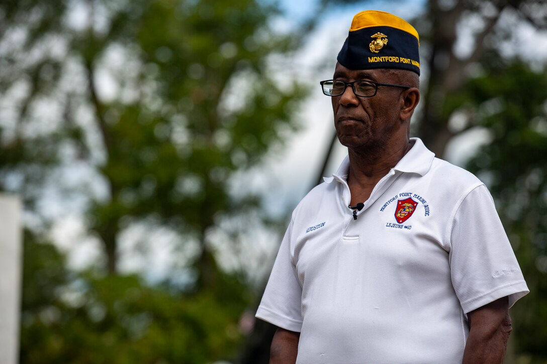 Houston Shinal, the previous national monument director for the National Montford Point Marine Association, conducts an interview about the Montford Point Marines at the Montford Point Marines Memorial in Jacksonville, North Carolina, Aug 17, 2020. This year marks the 78th anniversary of when the first African-American recruits arrived on Montford Point in 1942 for Marine Corps recruit training and paving the way for approximately 20,000 African-Americans over the next 7 years to earn the title of Marine. (U.S. Marine Corps photo by Lance Cpl. Isaiah Gomez)