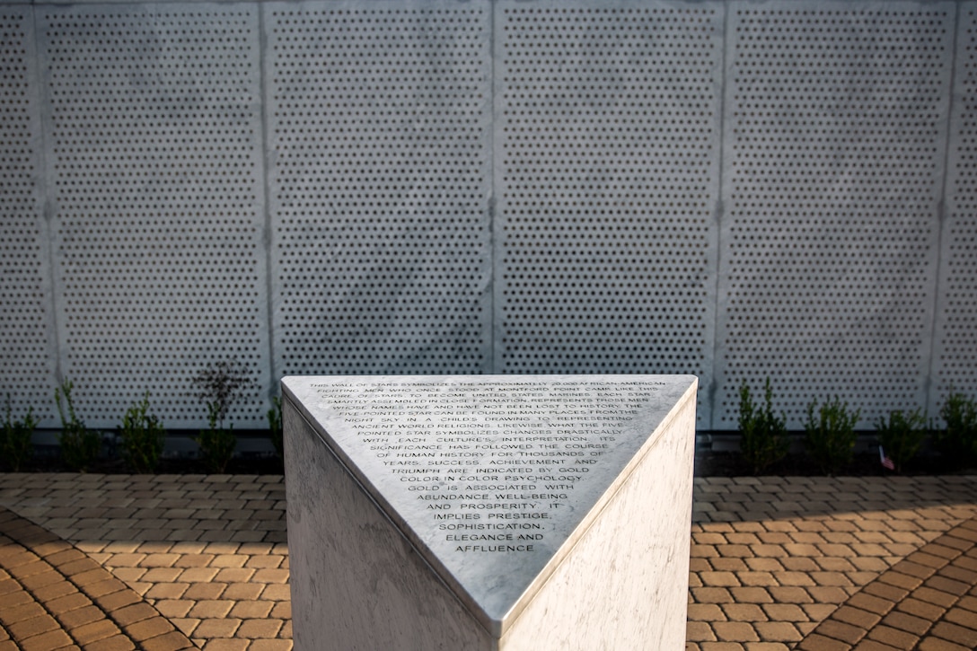 A wall of stars representing the approximately 20,000 African-Americans that went through Marine Corps boot camp at Montford Point stands at the Montford Point Marines Memorial in Jacksonville, North Carolina, Aug. 26, 2020. This year marks the 78th anniversary of when the first African-American recruits arrived on Montford Point in 1942 for Marine Corps recruit training and paving the way for approximately 20,000 African-Americans over the next 7 years to earn the title of Marine. (U.S. Marine Corps photo by Lance Cpl. Isaiah Gomez)